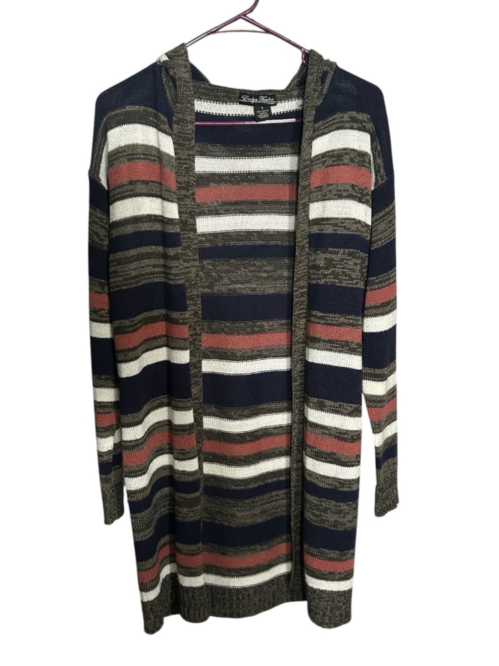 Evelyn Taylor Striped Hooded Open-Front Long Cardigan - Navy, Grey, Coral, white